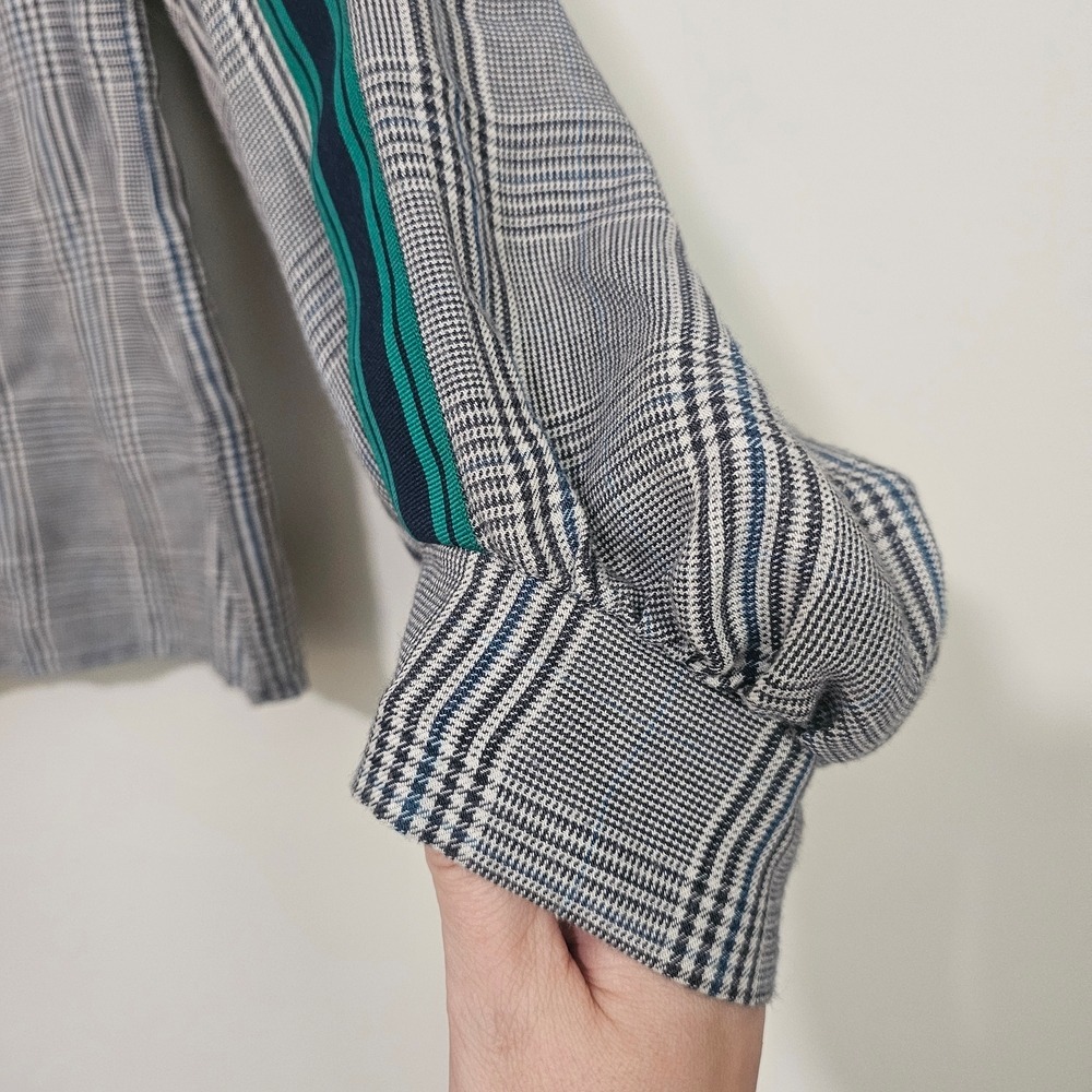 Zara Basic Women Small‎ Grey Plaid Top Green Racing Stripe Puff Sleeve Preppy ~ - Picture 5 of 7